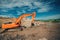 Excavator working on highway construction site. Details of excavator digging in water and dirt for viaduct construction