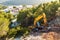 Excavator working on a mountain side in extreme conditions on background of a green valley with residential buildings.