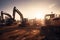 excavators digging on a construction site at sunset. Ai generative