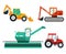 Excavators, tractor, combine on white background. Agricultural vehicle, farm machine.