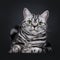 Excellent black silver tabby blotched green eyed British Shorthair kitten, Isolated on black background.