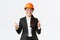Excellent job, nice work. Satisfied professional female engineer, construction architect in safety helmet and suit