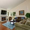 Excellent living room with blue rug and fireplace.