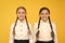 Excellent pupils. Girls perfect uniform outfit on yellow background. According to school rules. Classmates tidy pupils