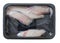 Excellent raw monk fish fillet on a black plastic tray in vacuumed package for freshness. Retail industry product. Fishmonger