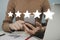 Excellent. woman hand working on mobile phone with five star rating button on visual screen to review good rating, digital marketi