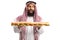 Excited arab man holding a tasty long sandwich in a baguette