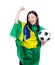 Excited asian woman draped with Brazil flag