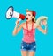 Excited beautiful blonde woman holding cash money banknotes, megaphone. Surprised Pin up girl. Aqua blue background. Copy space