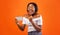 Excited Black Girl Holding Smartphone Gesturing Yes, Studio Shot