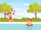 Excited Boy and Girl in Swimming Pool Splashing in Water Enjoying Summer Leisure Activity Vector Illustration