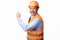 Excited builder gesturing yes in joy posing over white background