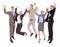 Excited business people jumping over white background