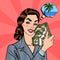 Excited Business Woman Holding Dollars. Pop Art