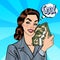 Excited Business Woman Holding Dollars. Pop Art