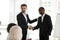 Excited businessman shake hand African American employee at meeting