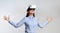 Excited Businesswoman Experiencing Virtual Reality On White Background, Panorama