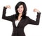 Excited businesswoman raised her hands showing strong concept