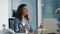 Excited businesswoman reading great news on laptop sitting luxury office closeup