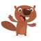 Excited cartoon beaver waving with his hands. Brown beaver mascot. Vector illustration.