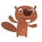 Excited cartoon beaver waving with his hands. Brown beaver mascot. Vector illustration.