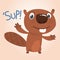 Excited cartoon beaver waving with his hands saying `Sup!`. Brown beaver mascot. Vector illustration.
