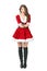 Excited cheerful female Santa Claus typing message on smart phone touch screen