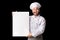 Excited Chef Holding Blank Poster Standing On Black Background, Mockup
