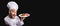 Excited Chef Holding Chicken Dish Standing On Black Background, Panorama
