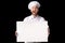 Excited Chef Man Holding White Board Standing In Studio, Mockup