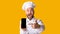 Excited Chef Man Showing Smartphone Screen Posing, Studio Shot, Panorama