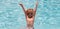 Excited child boy in sunglasses splashing in pool . Kid boy swim in swimming pool. Banner for header, copy space. Poster