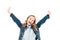 Excited curly kid in denim jacket waving hands and laughing isolated on white.