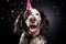 Excited dog wearing party hat celebrates at vibrant birthday party with falling confetti