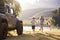 Excited Family Reaching Countryside Destination On Road Trip