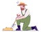 Excited farmer with shovel semi flat RGB color vector illustration