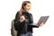 Excited female student gesturing and holding a laptop