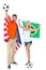 Excited football fan couple holding usa and brazils flag