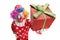 Excited funny clown holding a sparkly red gift box in front of the camera