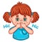 Excited girl child hiccups close mouth with hand icon. Breathing problem, nausea. Surprised shocked kid. Silence gesture. Vector