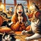 Excited girl clasps hands, wide-eyed among animated cats in a cozy living room during a lively twilight gathering.