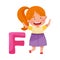 Excited Girl Jumping Near Big Alphabet Letter F Vector Illustration