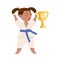 Excited Girl in Karate Suit Holding Cup Award and Cheering Vector Illustration