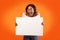 Excited Girl Shouting Holding White Board Standing, Studio Shot, Mockup