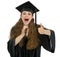 Excited graduation student speaking microphone
