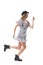 Excited happy enthusiastic young woman running in swaying fluttering dress. Side view