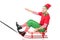 excited happy man in christmas elf costume riding sleigh and looking at camera isolated