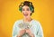 Excited Housewife Holding Cash Posing Over Yellow Background, Studio Shot