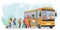 Excited Kids Eagerly Board The School Bus, Backpacks Slung Over Shoulders And Laughter Filling The Air, Vector