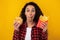 Excited Lady Eating Delicious French Fries And Burger